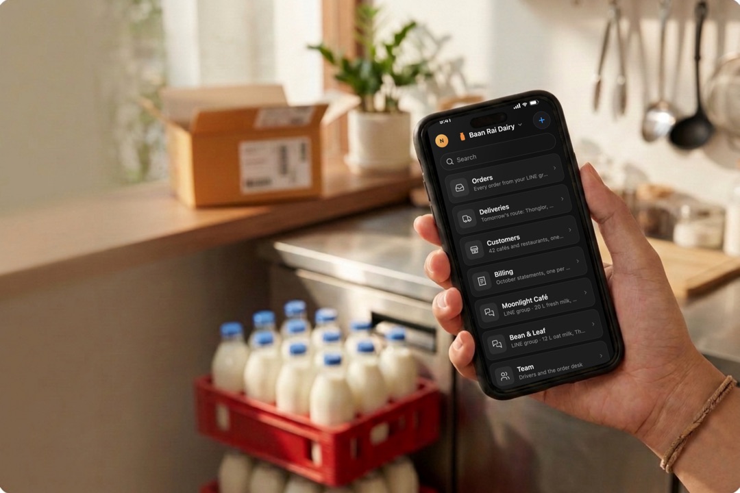 A dairy supplier's workspace: every order from its customers' LINE groups, tomorrow's route and each café's group