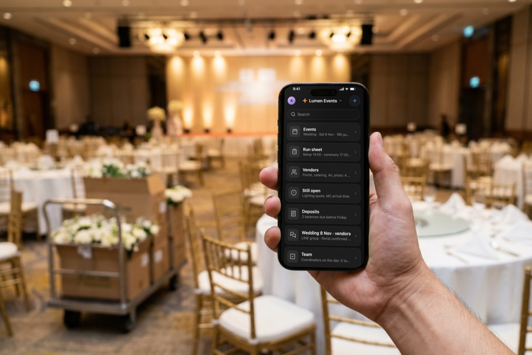 An event organizer: a wedding's vendors, run sheet and open items