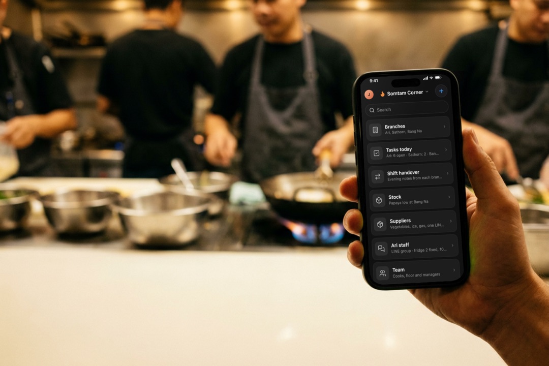 A restaurant with three branches: tasks, shift handovers and stock from its staff groups