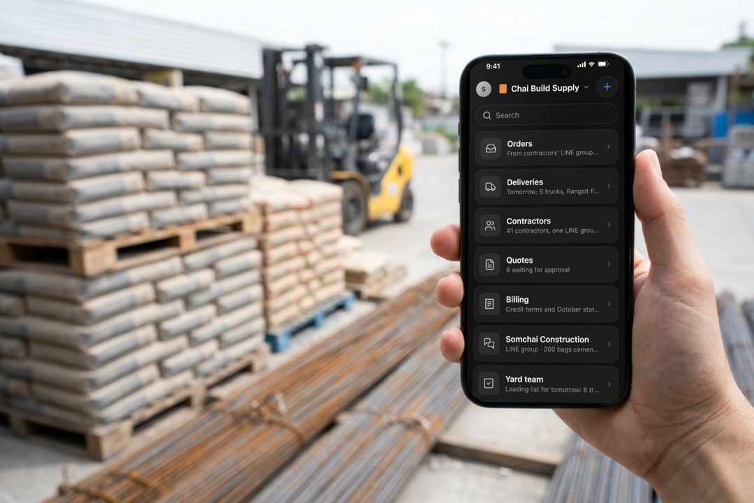 A phone showing a building-materials supplier's Daslab workspace: orders, deliveries and contractors from its LINE groups