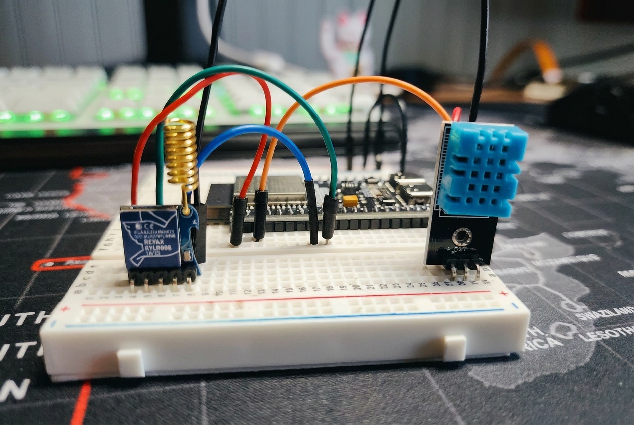 An ESP32 on a breadboard wired to a temperature and humidity sensor