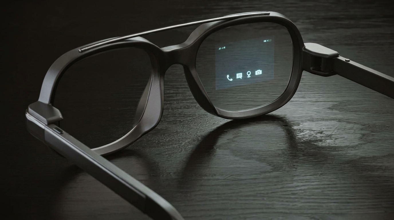 Smart glasses with a small display, on a dark surface