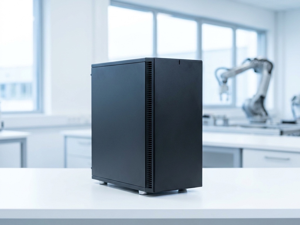A compact GPU workstation tower on a wooden workbench, the graphics card visible through the glass side