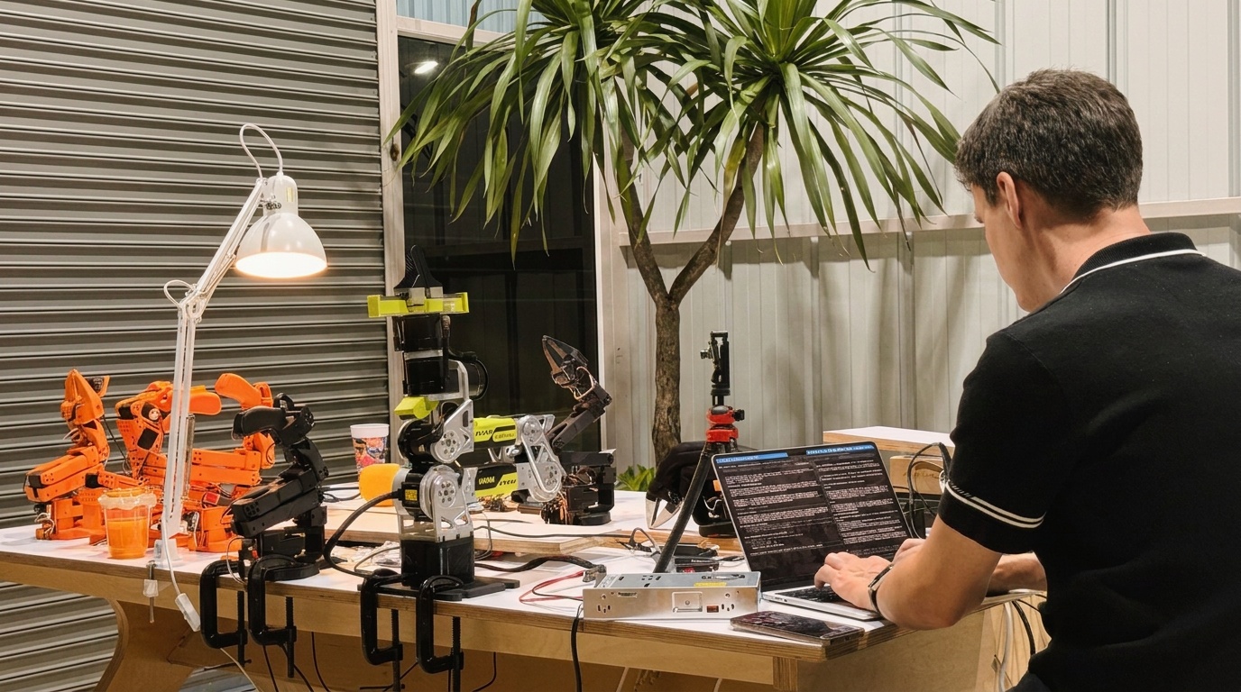 Our lab bench: a reBot arm and an SO-101 with their cameras, a desk lamp, a laptop