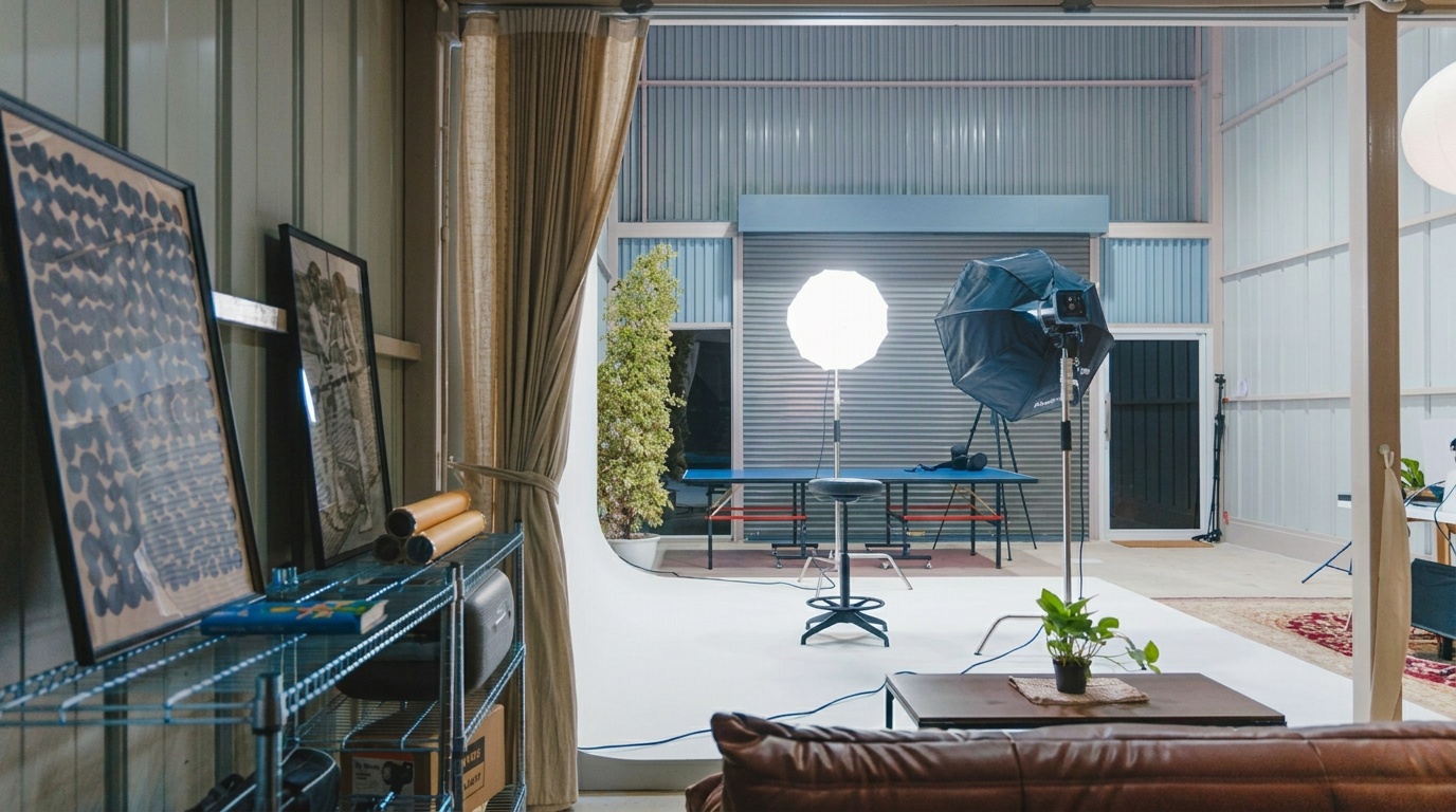 Our Stage: two softboxes on stands in the studio, white cyclorama