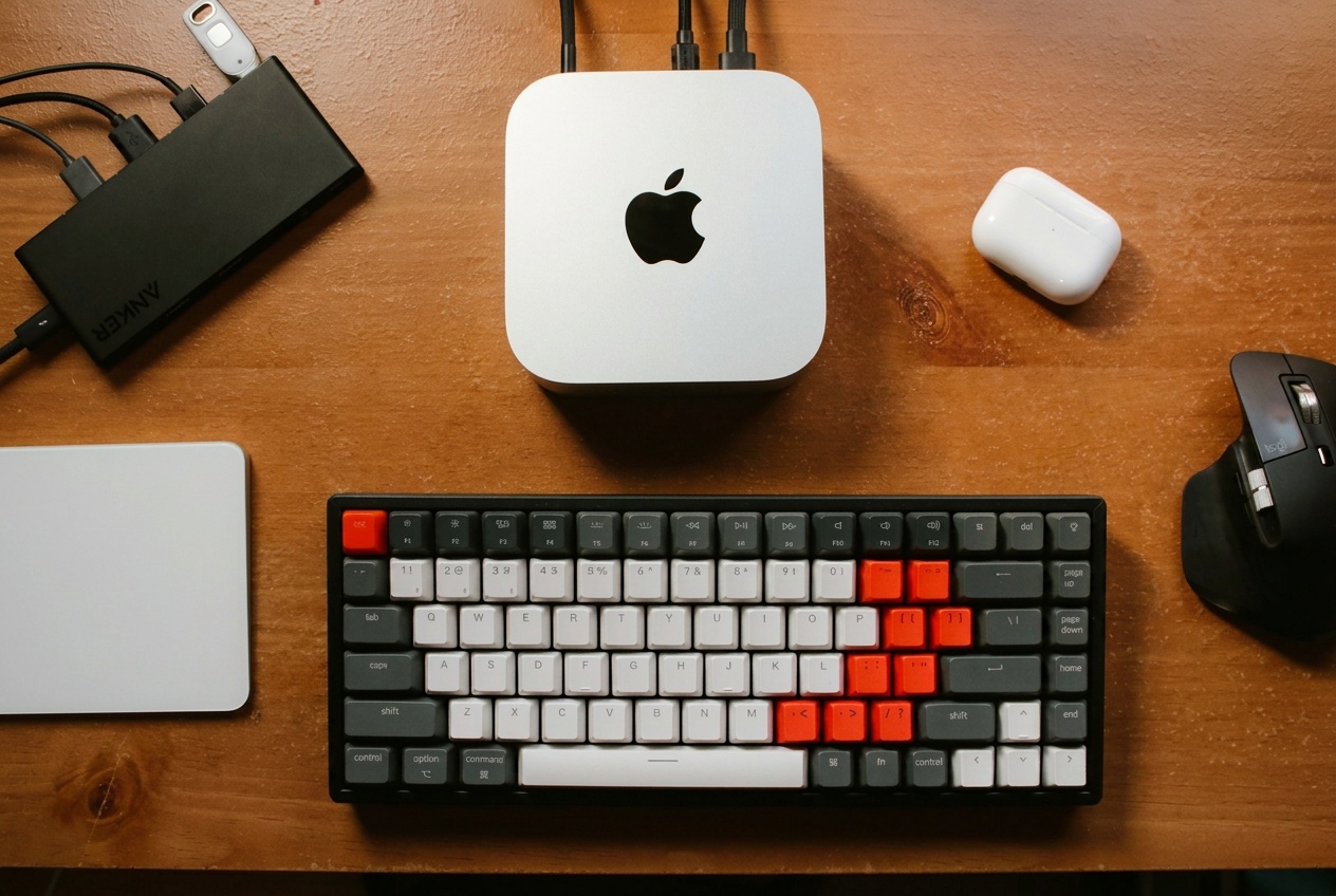 A Mac mini on a desk with a keyboard, from above