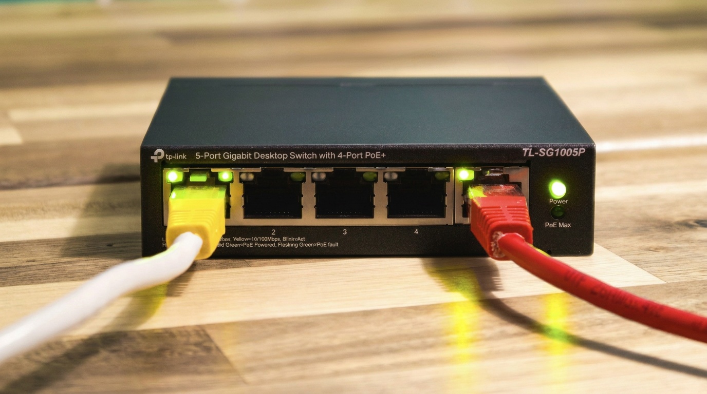A small network switch with cables