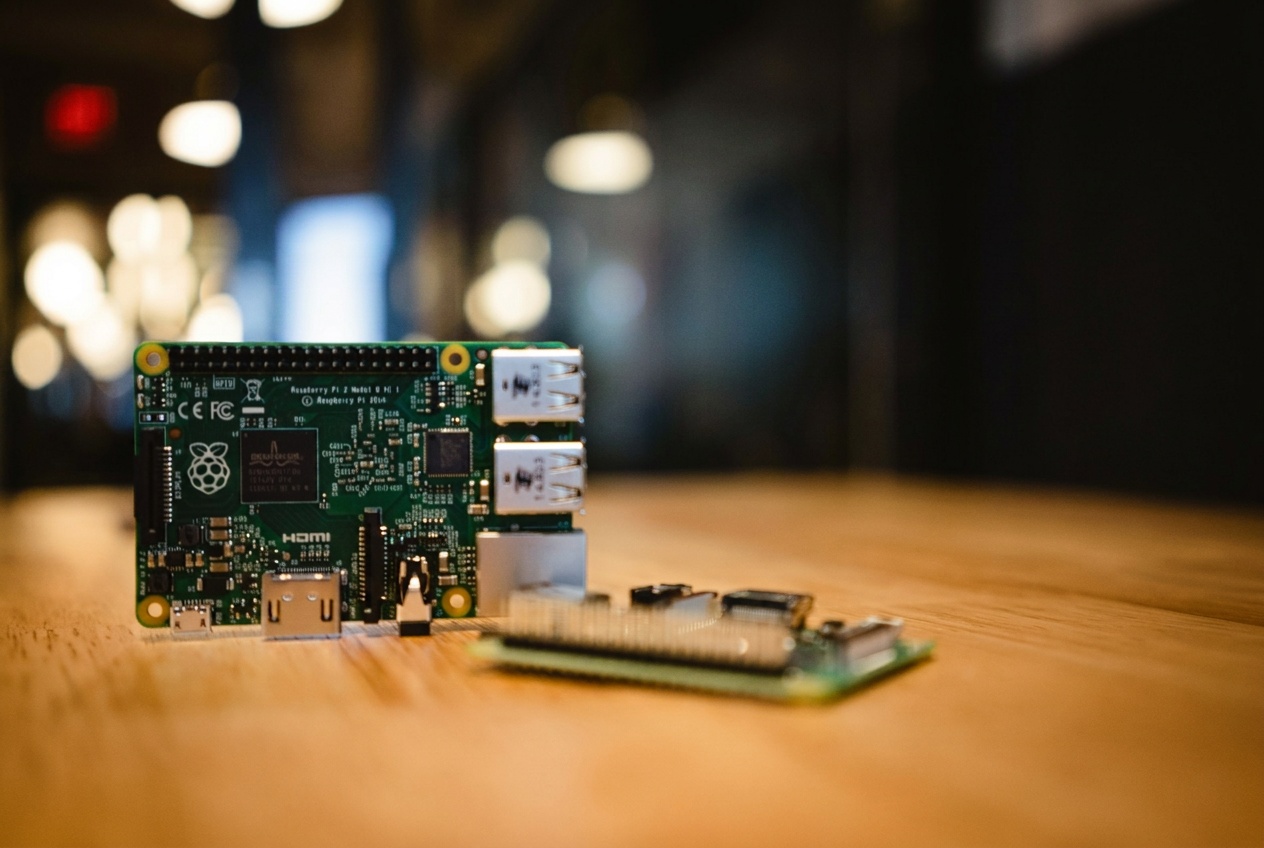 A Raspberry Pi on a wooden desk