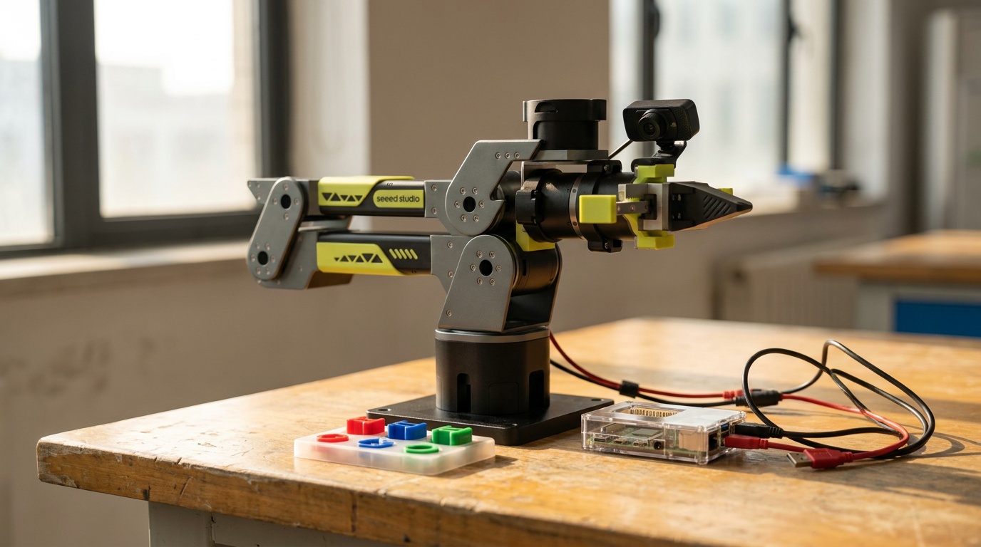 A reBot Arm B601 on a lab bench with a wrist camera, next to a Raspberry Pi