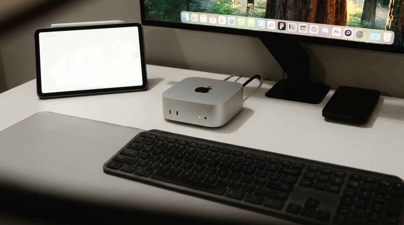 A Mac mini under a monitor on a dark desk