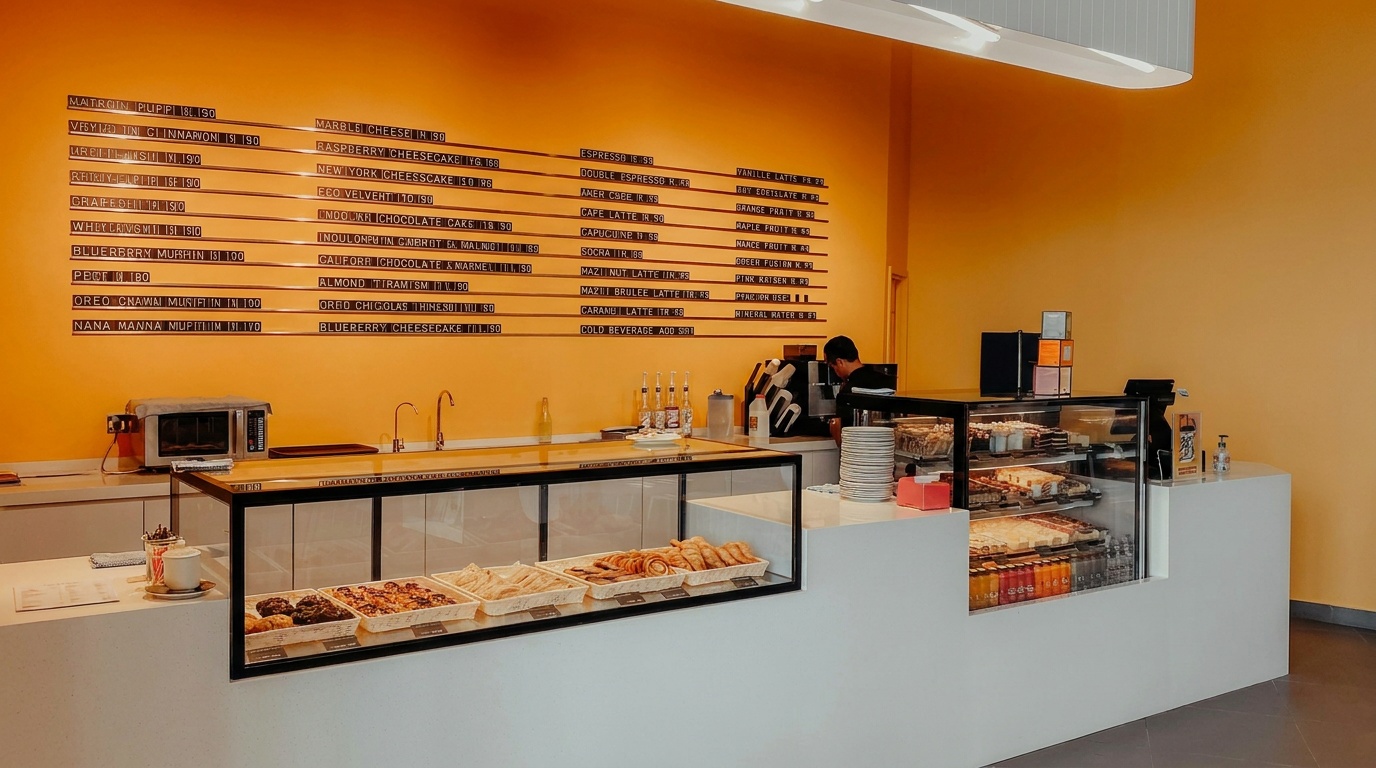 A cafe counter with a glass display