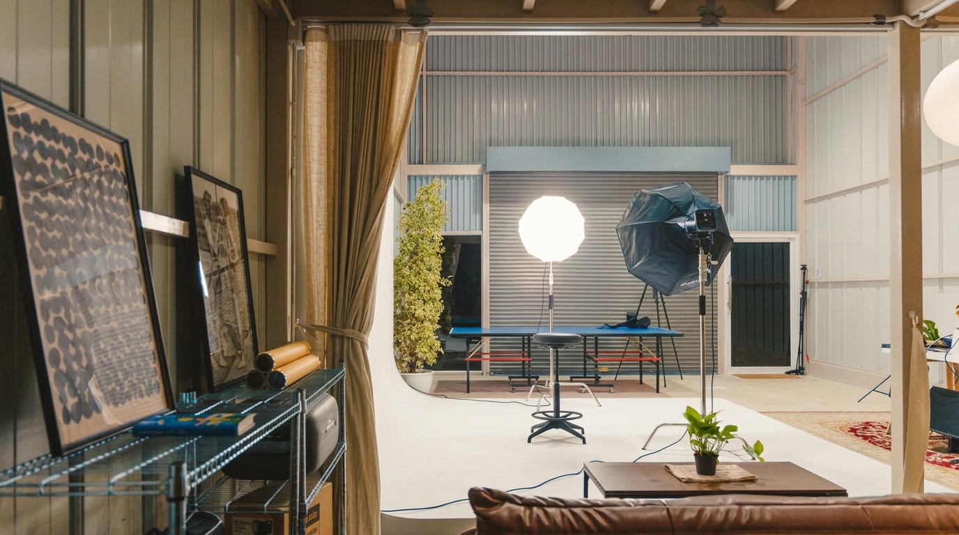 Our Stage: two softboxes on stands in the studio, white cyclorama