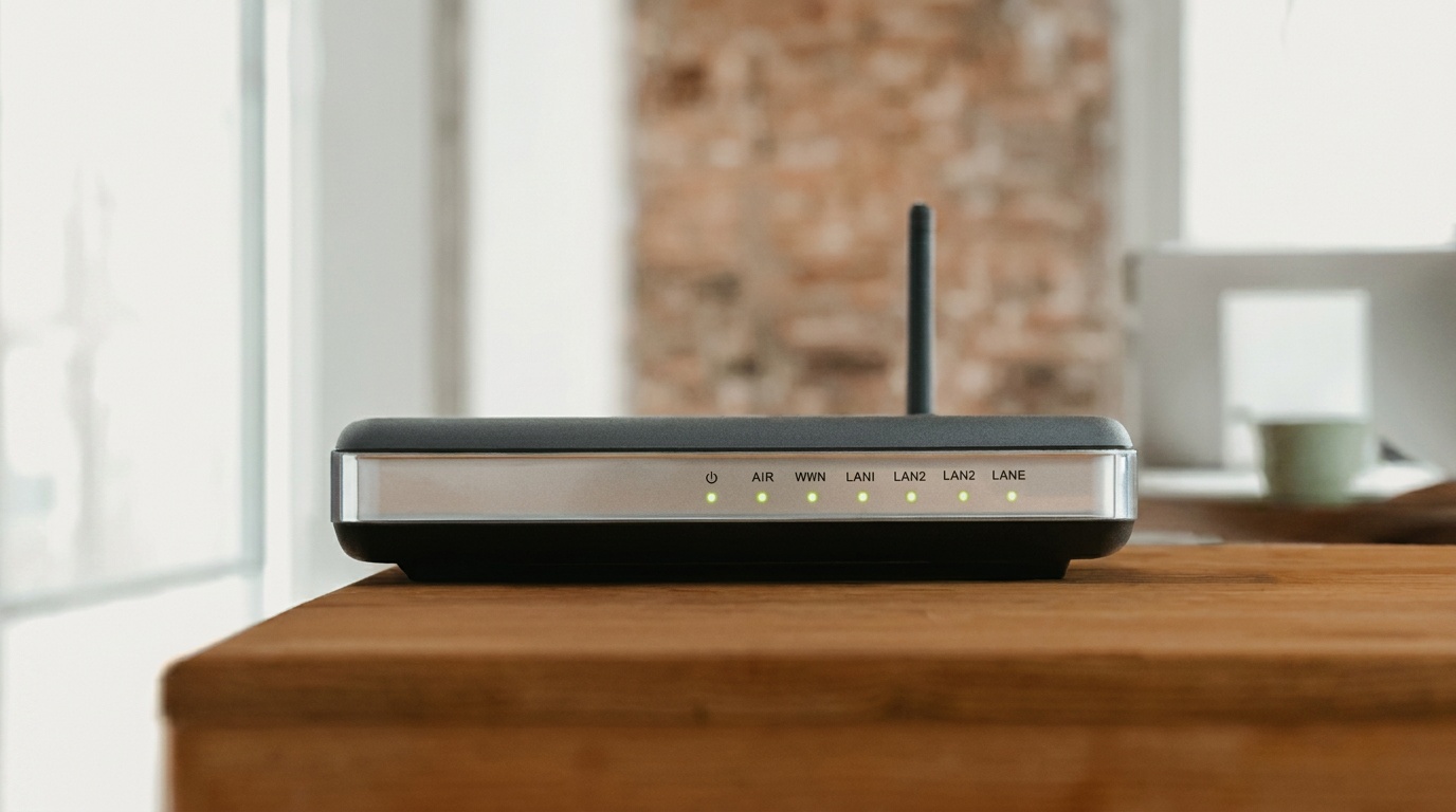 A router on a wooden desk at home