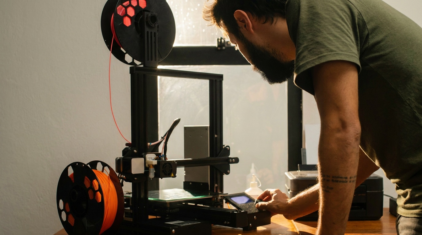Someone watching a 3D print in a warm room